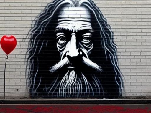 732155424-small graffiti portrait on housewall of gandalf from lord of the rings, baloon 8k, black and white and red, by Banksy.webp
